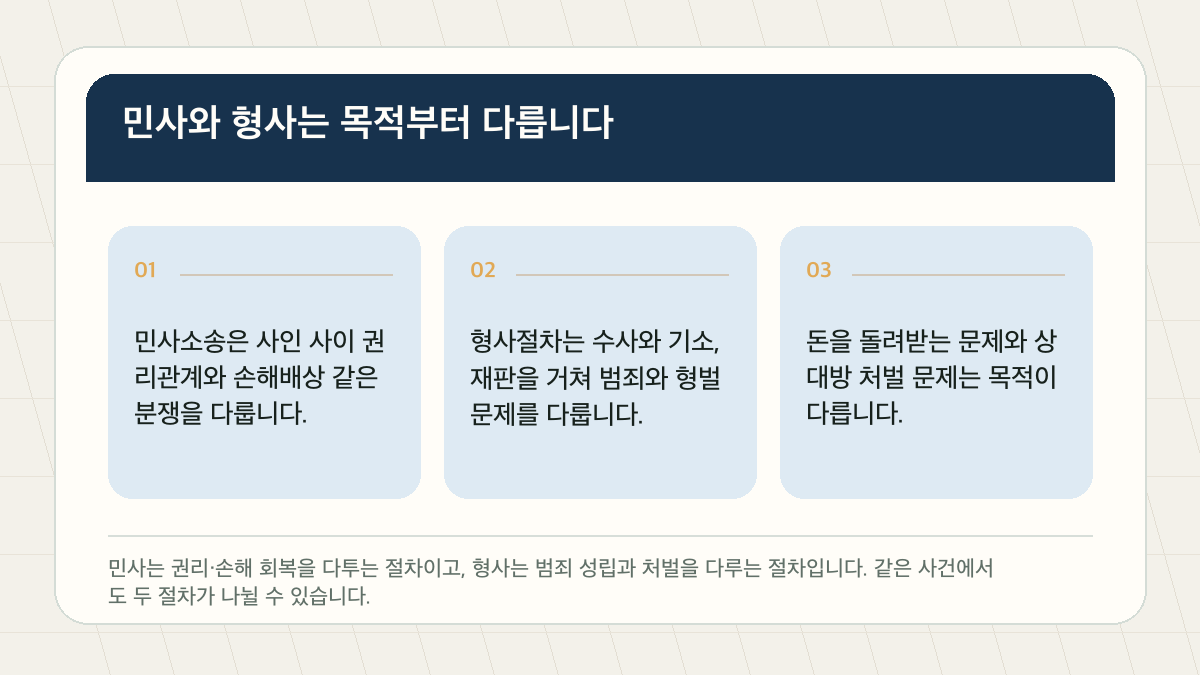 민사 형사 차이, 고소 전에 먼저 나눠볼 기준 핵심 확인 도표