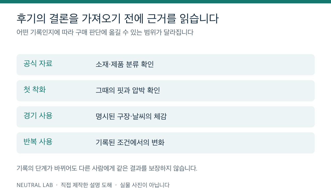 축구화 후기의 공식 자료·첫 착화·경기 사용·반복 사용 기록이 설명할 수 있는 범위를 나눈 도해